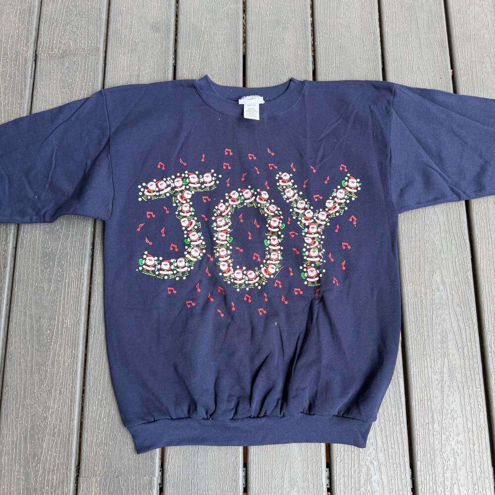 Vintage 80s 90s MBC Christmas Santa Graphic 'JOY' Navy Blue Sweatshirt Unisex XL